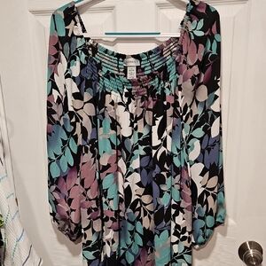 Catherines Black Floral Off-Shoulder Tunic with Teal and Lavender Leaves